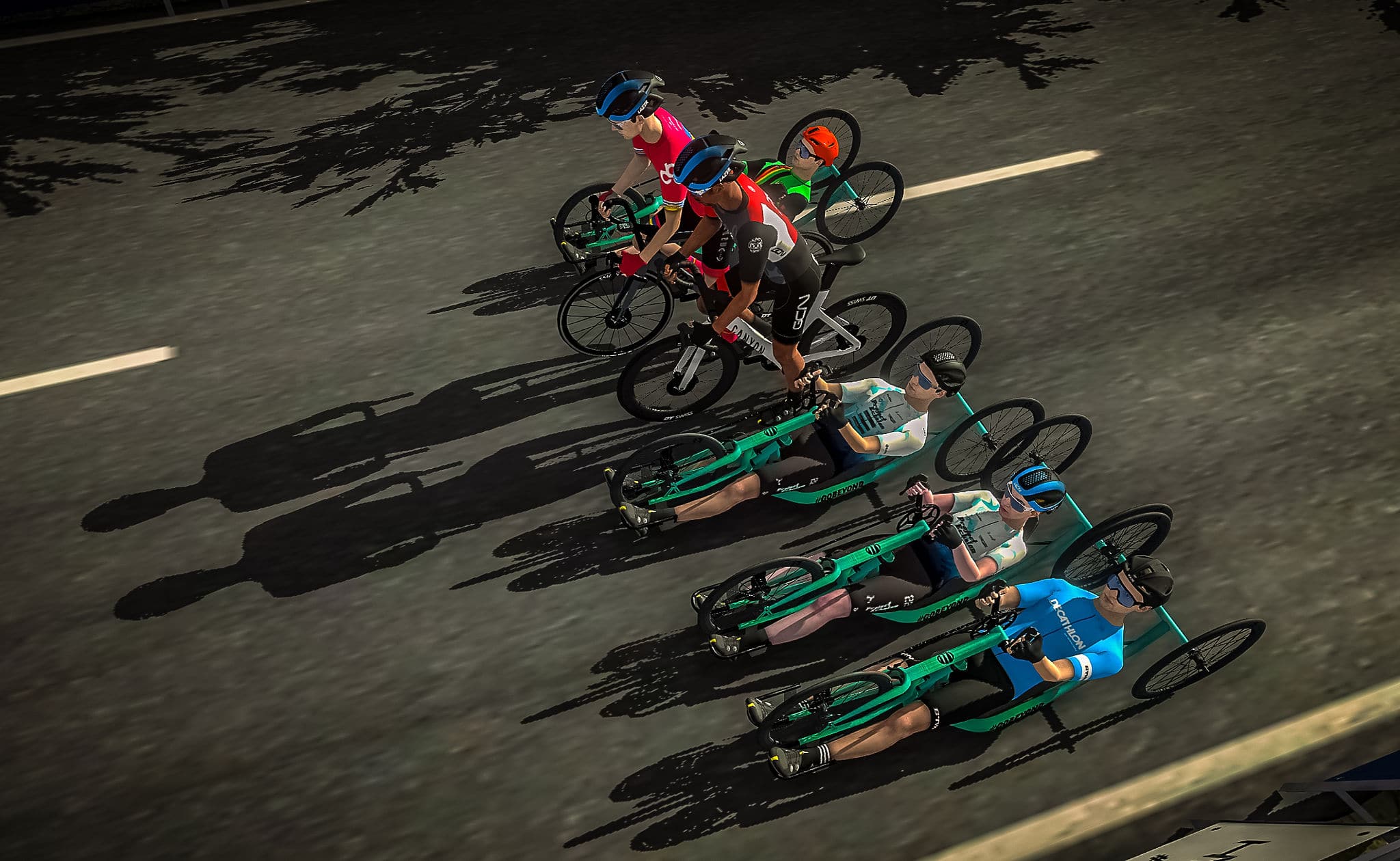 A virtual bike race includes two traditional cyclists and three paracyclists