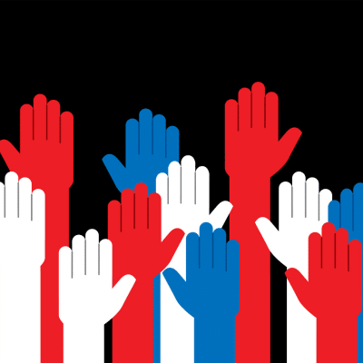 A bunch of red, white and blue silhouettes of arms raise their hands before a black background 