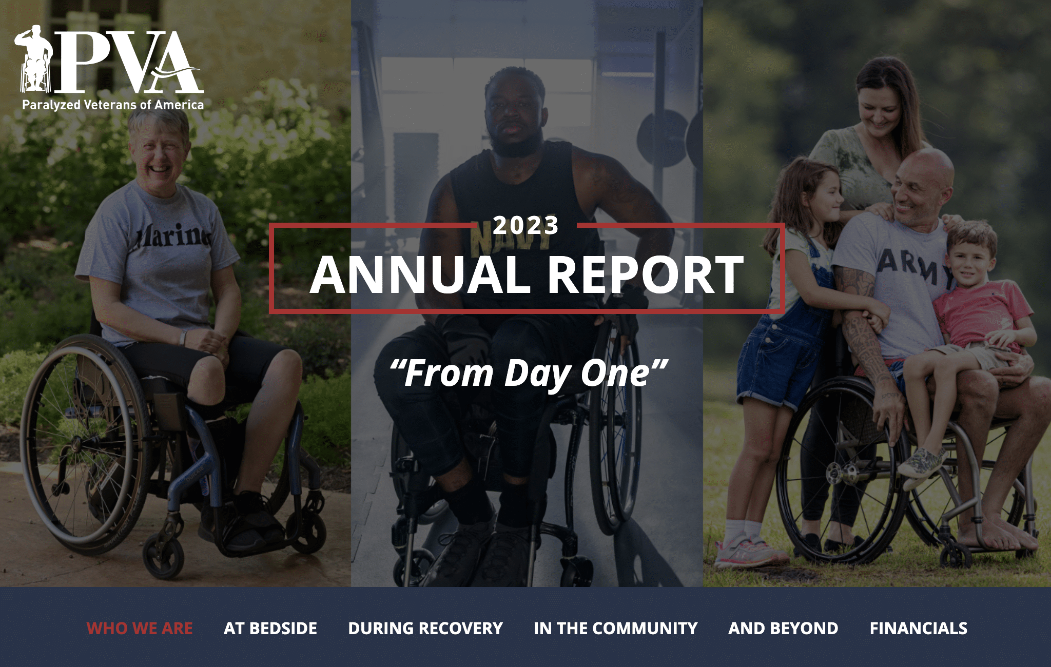 Preview Image of the 2023 PVA annual report featuring three photos of Veterans and the words "Annual Report, From Day One"