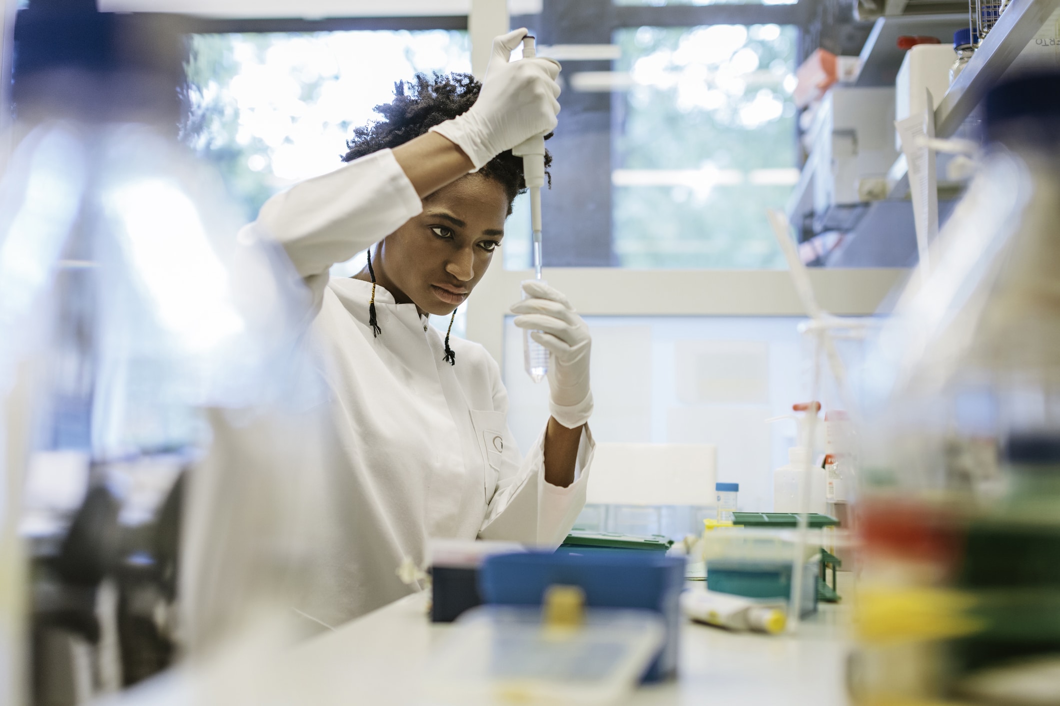 African American female scientist working in a lab.