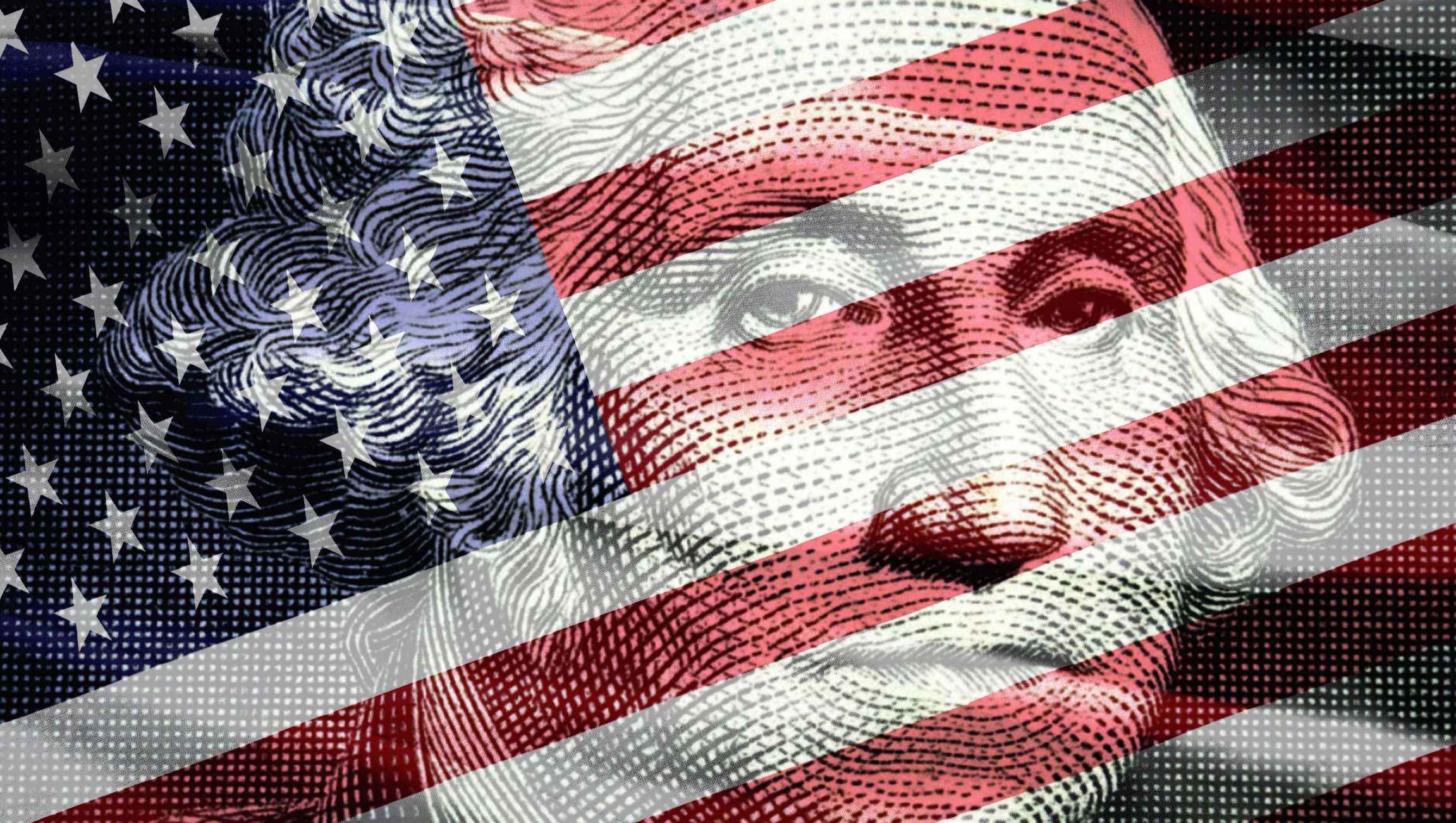 An artistic image of the American flag overlaid on a close-up of a historical figure's engraved face, set against a red, white, and blue background with stars and stripes.