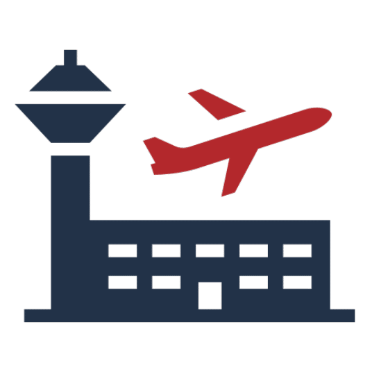 A simple icon showing an airport building with a control tower and a red airplane taking off in the background.