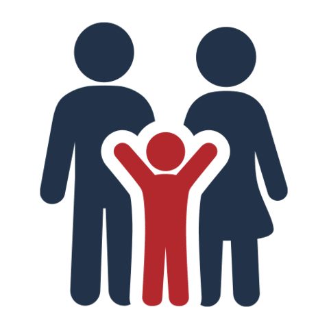 A simple icon of two adults in dark blue and a child in red, with the child standing between them and raising both arms. The figures are stylized and gender-neutral.