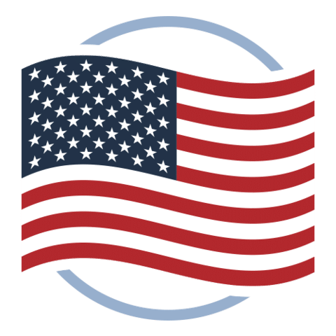 An illustration of the United States flag with red and white stripes, white stars on a blue rectangle, and a light blue circle partially behind the waving flag.