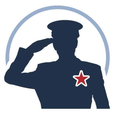 Silhouette of a person in military uniform saluting, with a red star on the chest and a light blue semicircle behind them.