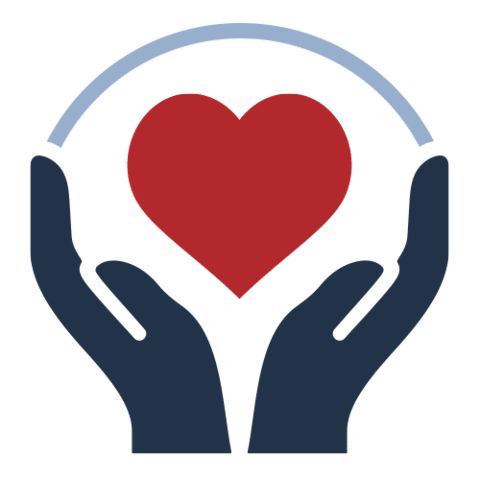 A red heart cradled between two dark blue hands with a light blue arch above, symbolizing care, support, and protection.