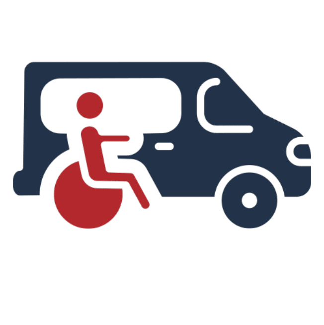 Icon of a person in a wheelchair next to an accessible van, indicating transportation services for people with disabilities. The person and wheelchair are red, while the van is dark blue.