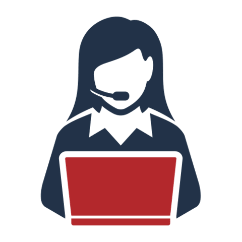 Icon of a person with long hair wearing a headset, sitting in front of a red laptop, suggesting customer support or technical assistance.