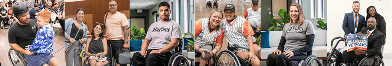 A diverse group of smiling people, many in wheelchairs, pose together in various indoor settings, showing camaraderie and inclusion.