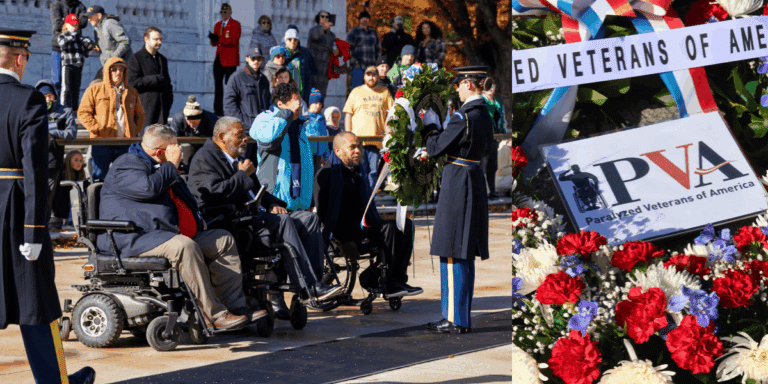 Paralyzed veterans in wheelchairs participate in a wreath-laying ceremony attended by soldiers and onlookers; a close-up shows a "Paralyzed Veterans of America" wreath with red, white, and blue flowers.