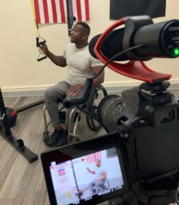 Kenneth Keitt leads a Warrior Strong adaptive fitness class. Keitt, a Marine Corps veteran who served from 2007 to 2011, hopes the Online Fitness + Wellness Program helps veterans feel like the best version of themselves again. Photo courtesy of Kenneth Keitt