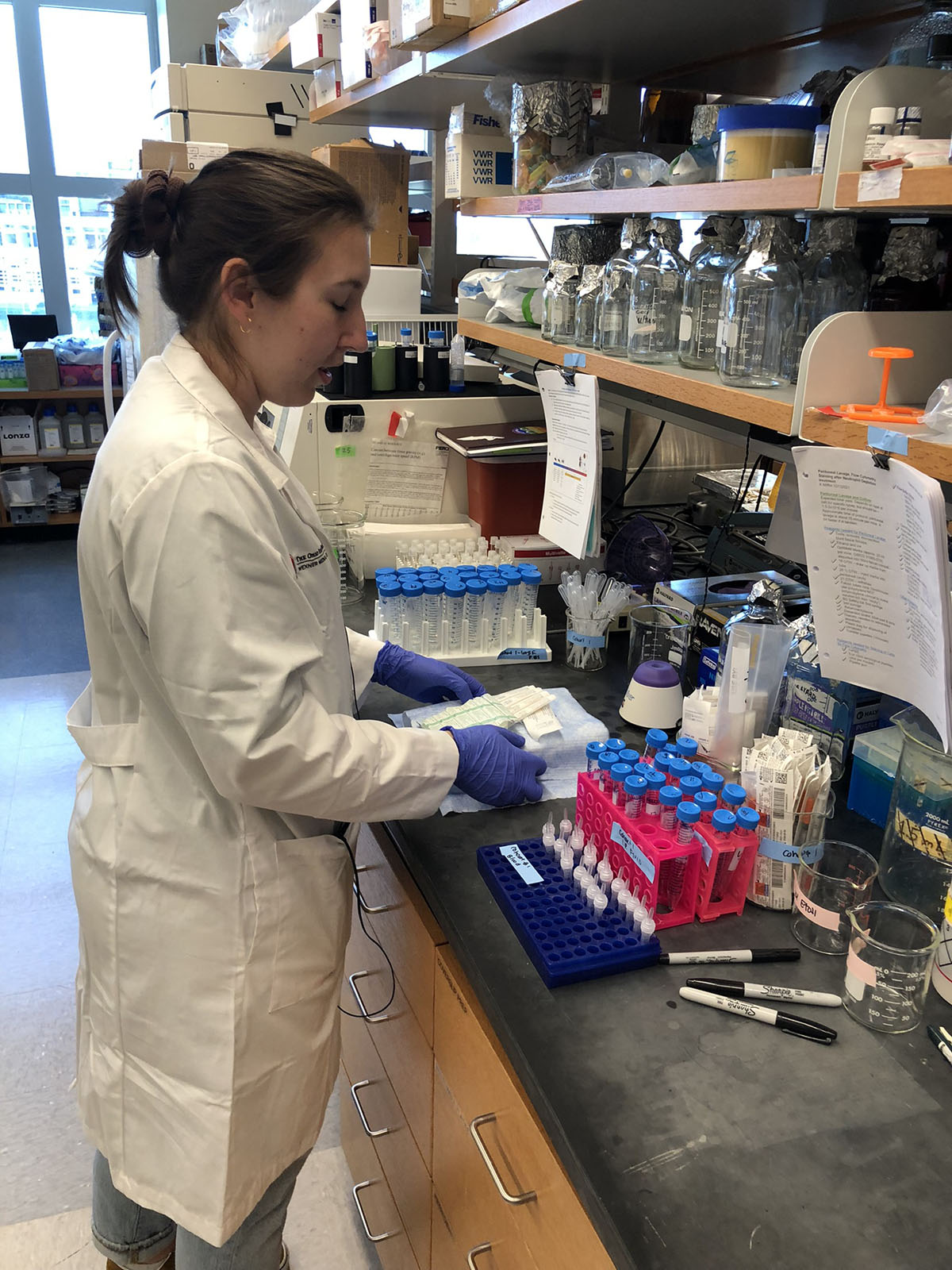 Katherine Mifflin, woman in a white lab coat and purple gloves, works with lab equipment and test tubes on a cluttered laboratory bench, surrounded by various bottles, racks, and scientific supplies.