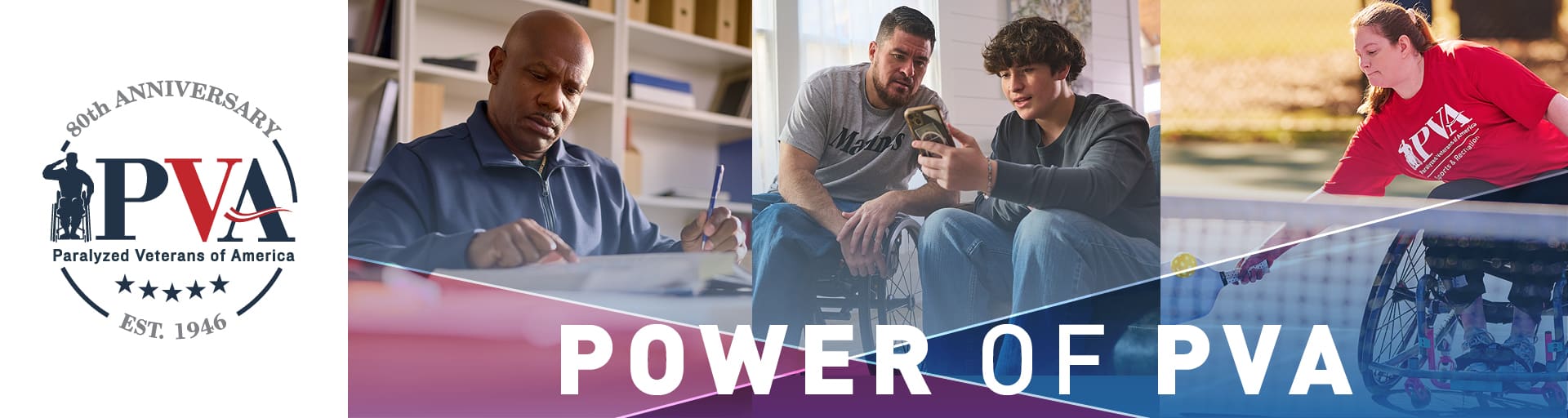 A banner shows the Paralyzed Veterans of America 78th anniversary logo, a man writing, two people looking at a phone, and a woman playing tennis in a wheelchair, with the text “POWER OF PVA” across the bottom.