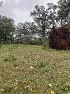 A large tree is uprooted and lies across the yard of a white house, with broken branches and debris scattered on the grass after a storm. Overcast sky and tall trees fill the background.