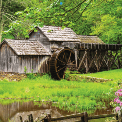 A rustic wooden watermill with a large water wheel sits beside a pond, surrounded by lush green trees and flowering bushes under a bright sky.