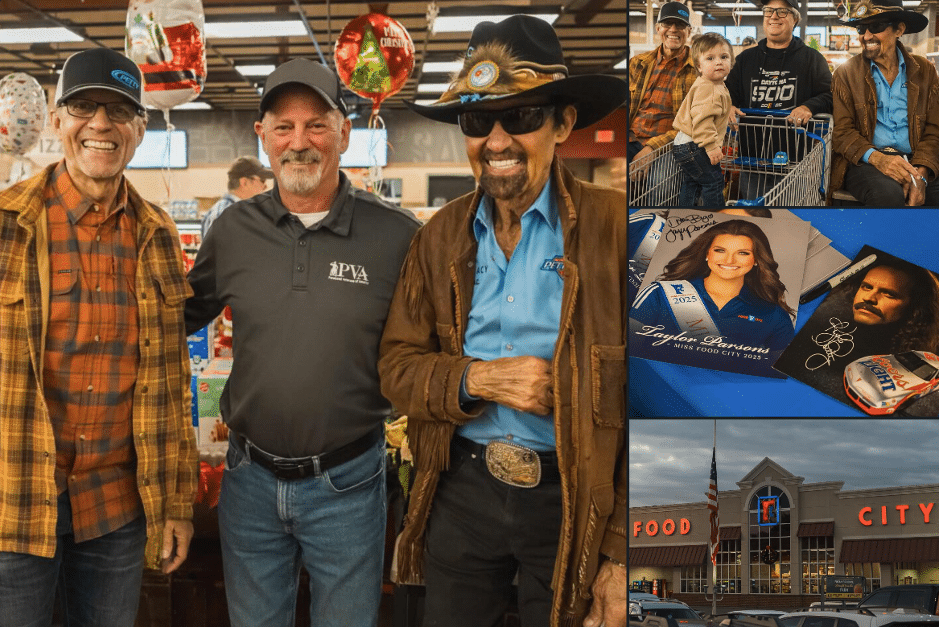 Three men pose for a photo inside a grocery store. To the right, a man and child sit in a racing car cart, and below are autographed photos and toy cars. A Food City store exterior fills the bottom right.