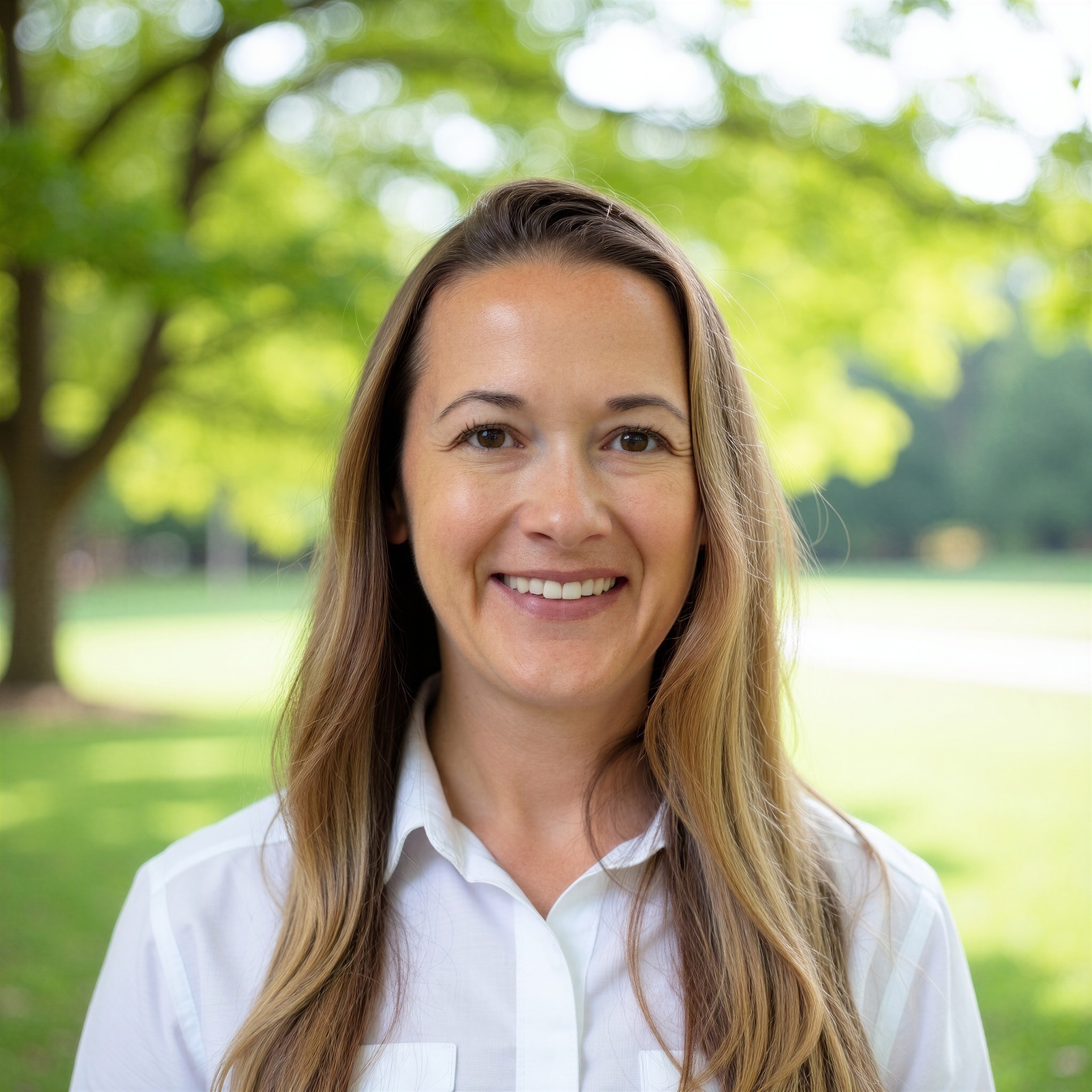 A woman with long brown hair, wearing a white shirt, smiles while standing outdoors in a green park with trees and sunlight in the background.