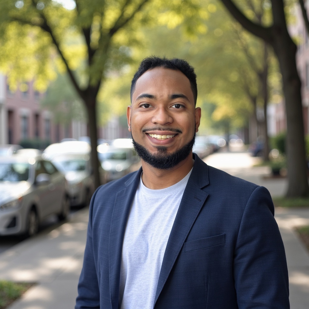 A smiling man with a beard and mustache, wearing a navy blazer and white shirt, stands on a tree-lined sidewalk with parked cars and brick buildings in the background on a sunny day.