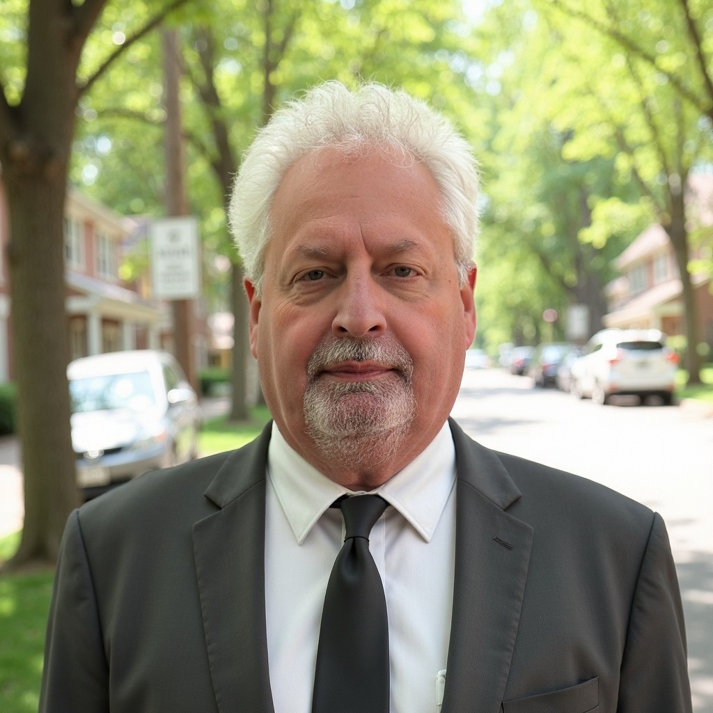 A man with white hair and a goatee, wearing a black suit and tie, stands on a tree-lined residential street with houses and parked cars in the background.