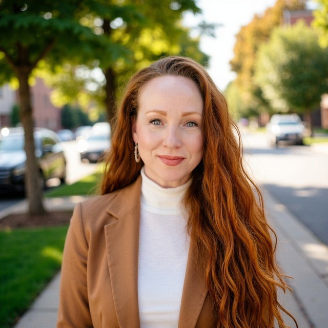 A woman with long red hair, wearing a brown blazer and white turtleneck, stands smiling on a sunny tree-lined street with cars parked along the curb.