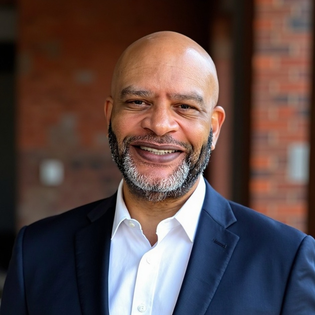 A smiling bald man with a beard wearing a dark suit and white shirt stands in front of a brick wall background.