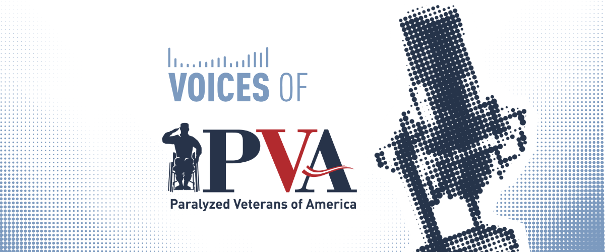 A pixelated image of a microphone with text saying “VOICES OF PVA Paralyzed Veterans of America” and a silhouette of a saluting veteran in a wheelchair.