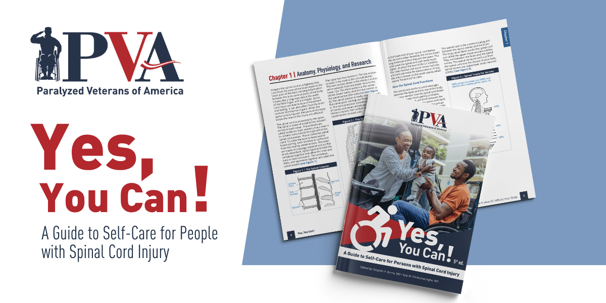 Cover and open pages of “Yes, You Can! A Guide to Self-Care for People with Spinal Cord Injury” by Paralyzed Veterans of America, featuring a person using a wheelchair and PVA branding.