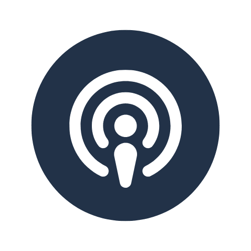 White podcast microphone icon inside concentric circles, resembling sound waves, on a dark blue circular background.