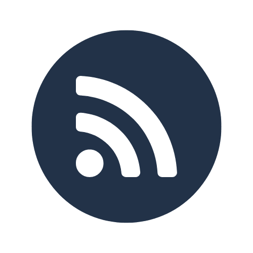 White RSS feed icon with three curved lines and a dot on a dark blue circular background.